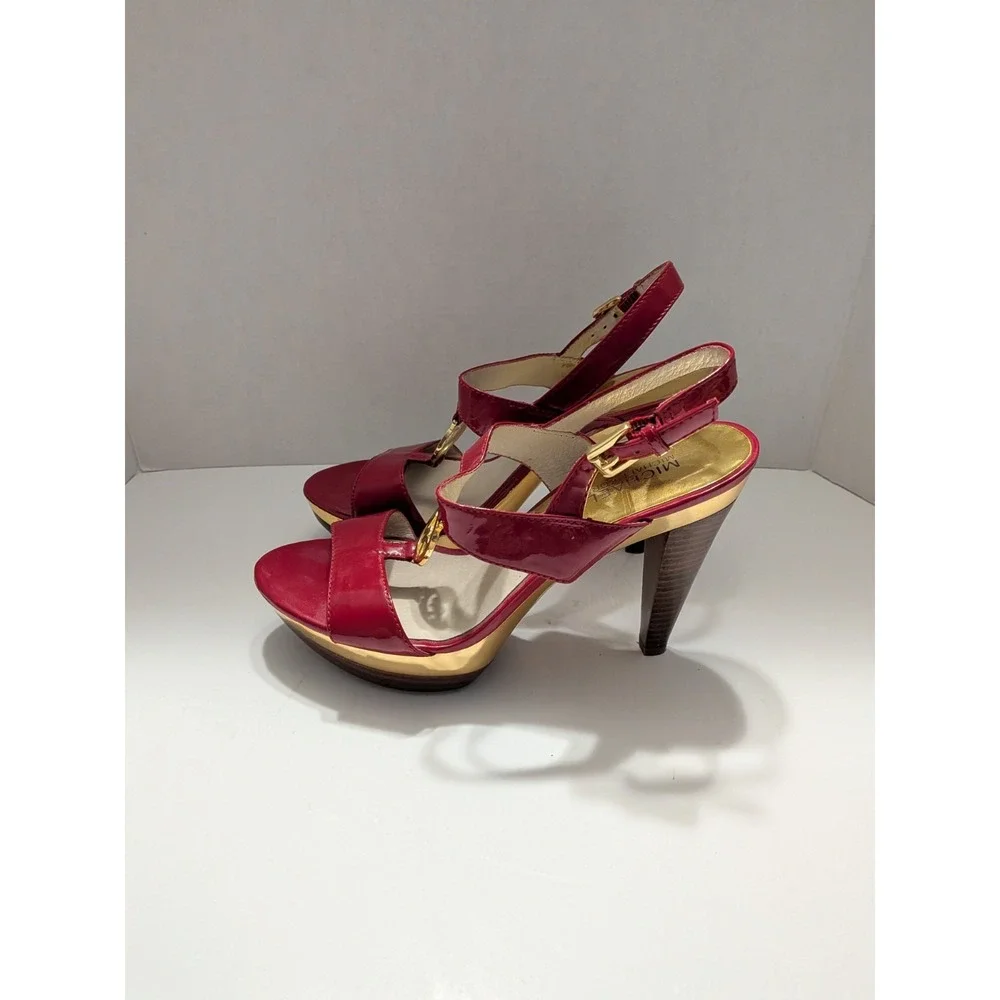 Michael Kors Red Patent Leather MK Logo T-Strap Platform Sandals Heels 8M